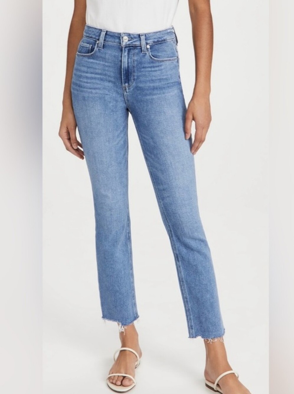 PAIGE Cindy High Rise Slim Straight Jeans Blue Distressed Raw Hem Size 27